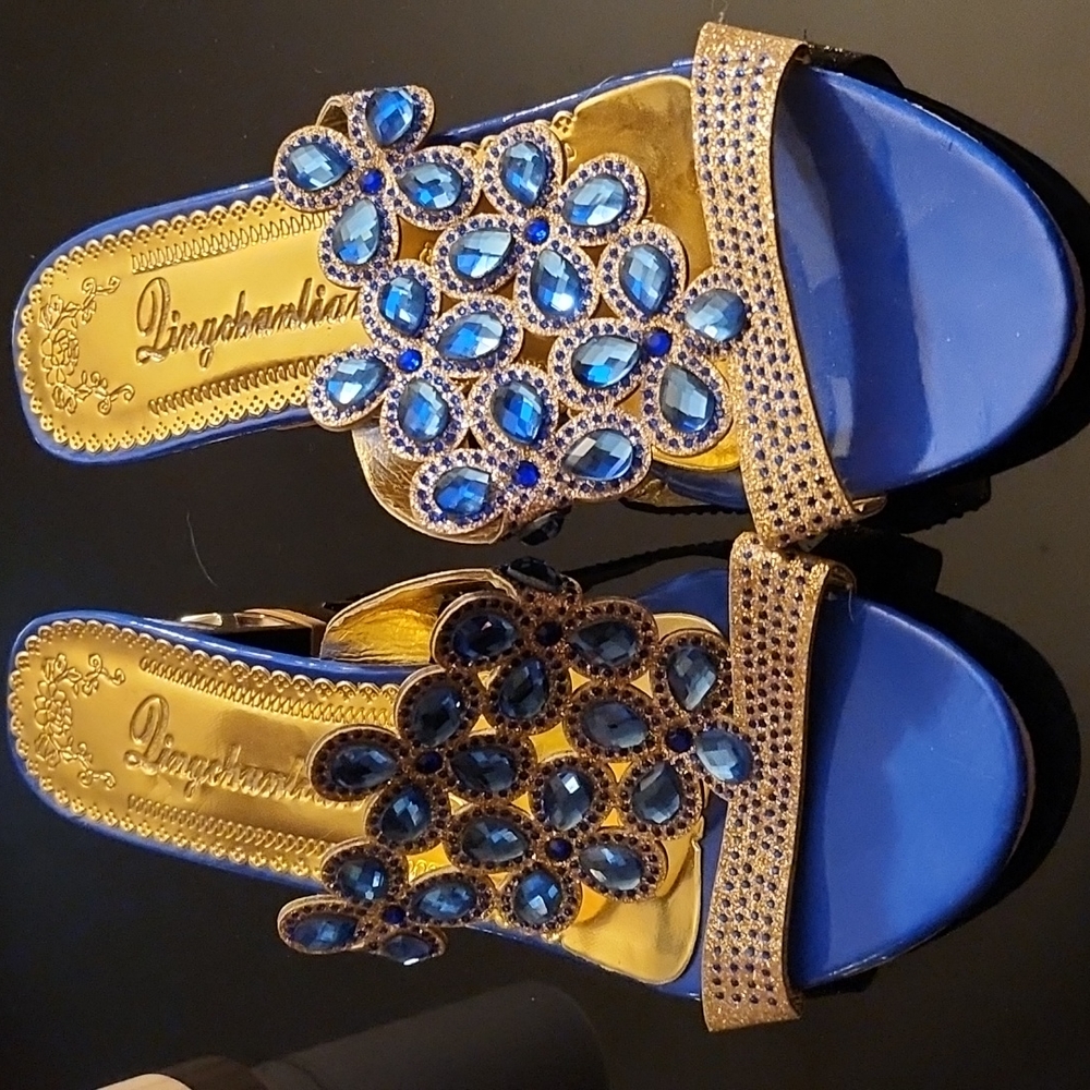 Blue and gold gem heels